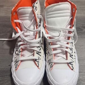 Kids High-Top Canvas Sneakers in White and Orange